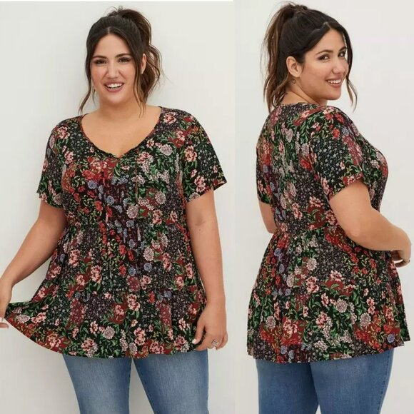 Torrid Black Floral Textured Stretch Rayon Babydoll - Picture 1 of 11